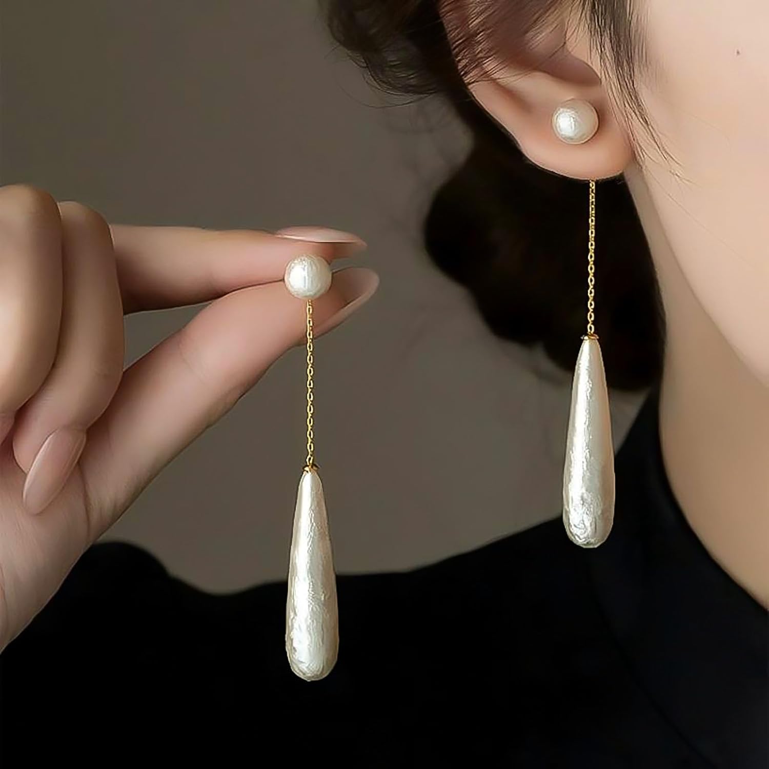 Boho Long Pearl Teardrop Earrings Gold Pearls Chain Dangle Earring Pearl Ear Jacket Earrings White Pearls Stud Earring Jewelry for Women - Image 5