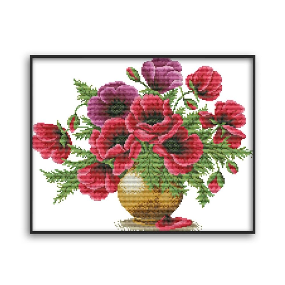 Rosyfoxes Cross Stitch Kits Stamped Full Range of Embroidery Starter Kits for Adult DIY- Printed kit Poppy Flower vase(Printed) 11ct 3-Strands 20.5×16.5 inches