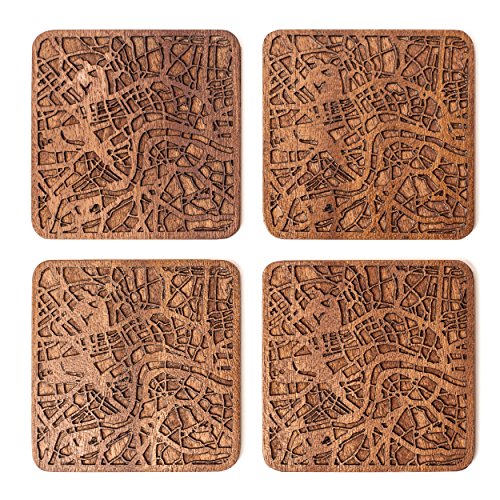 London Map Coaster by O3 Design Studio, Set Of 4, Sapele Wooden Coaster With City Map, Handmade