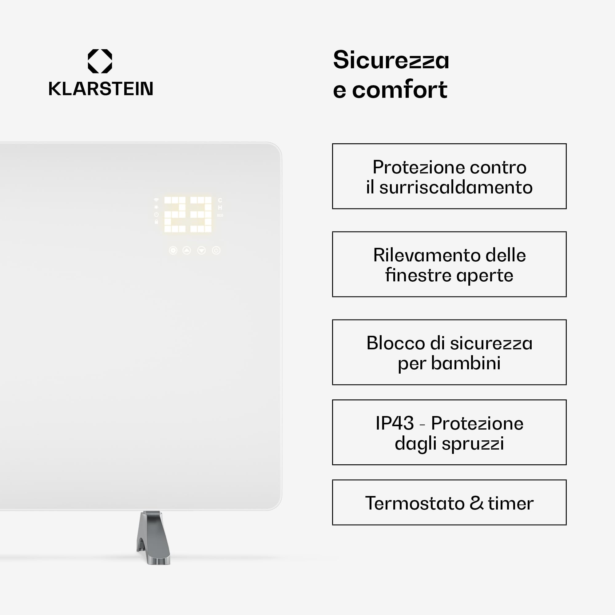 Klarstein Pannelli Radianti Infrarossi 720W – Parete o Indipendente, WiFi, Touch & App, Termostato, Timer, Sicurezza Bambini, IP43, Vetro, Riscaldamento a Infrarossi 14m², Bianco