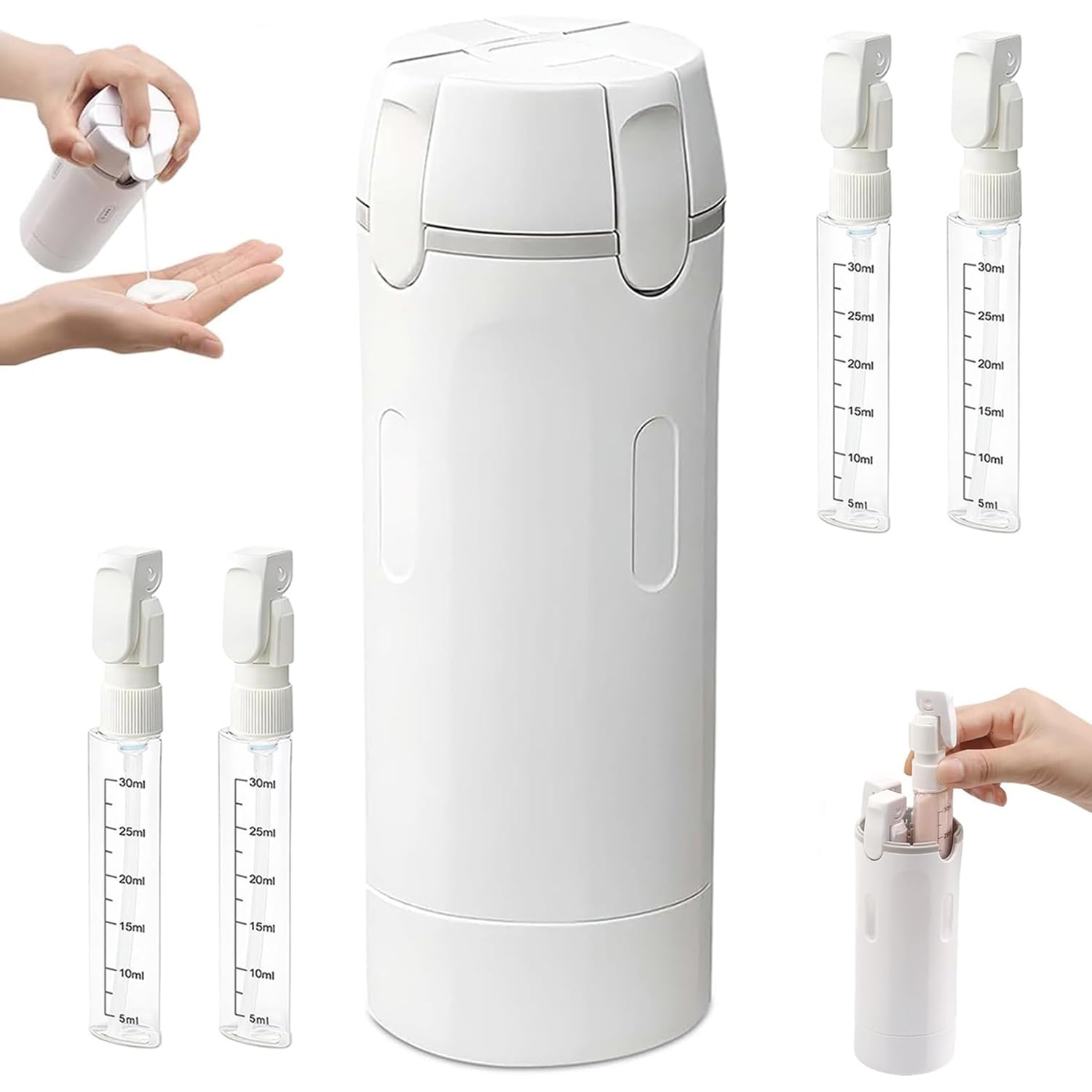 4 in 1 Reisespender Zum Befüllen, Tragbare Reise Pumpflasche, Leak Proof Travel Dispenser Bottles, Wiederverwendbar Reisespender, Reise Gadgets, für Shampoo Creme Spülung Körperpflege (Weiß) - 1
