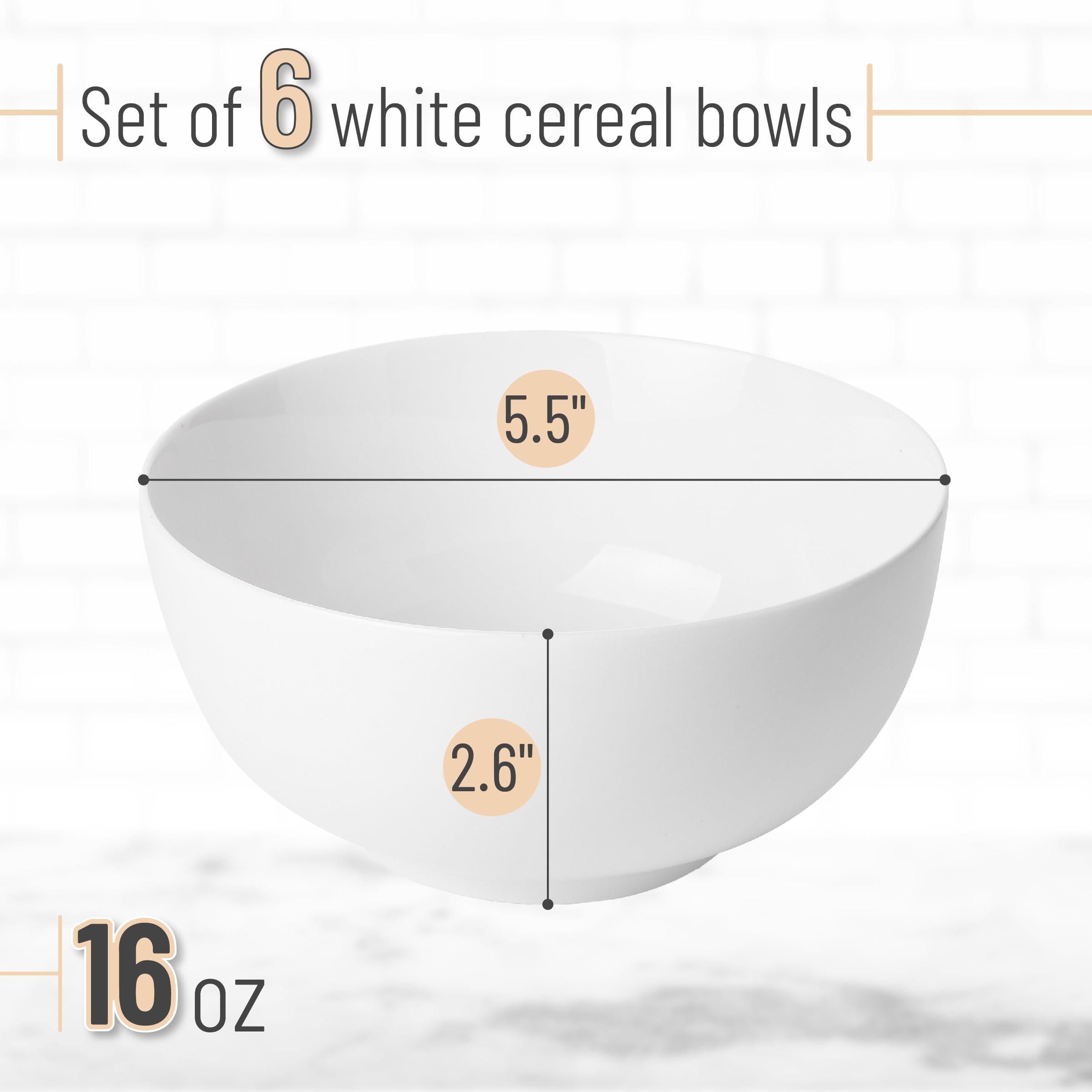 BTaT- Juego de 6 cuencos blancos de 16 onzas, juego de 6 cuencos blancos para cereales, juego de 6, cuencos blancos, cuencos de porcelana blanca, cuencos de cerámica blanca, cuencos de cerámica