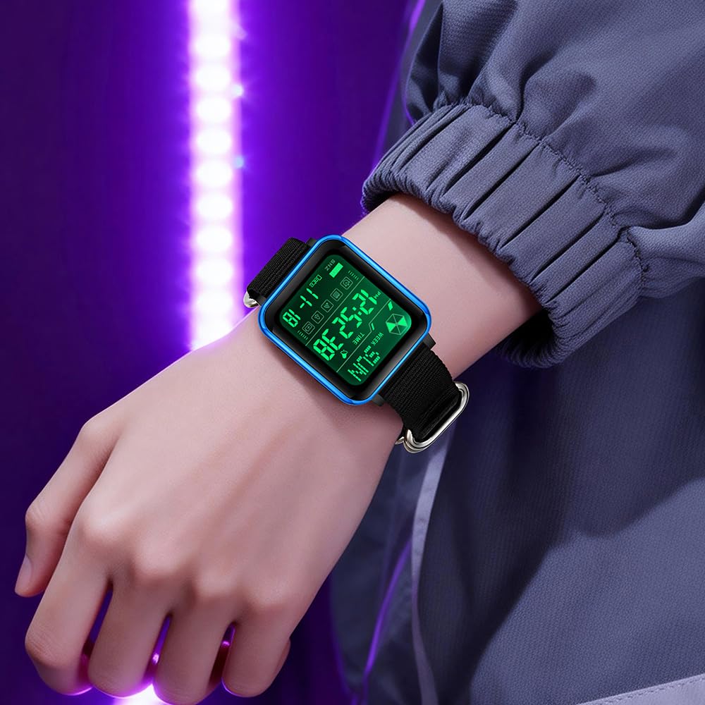 Gosasa Montre numérique unisexe avec bracelet en nylon, 5 ATM, montre LED