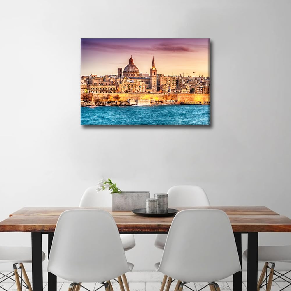 TISHIRON Valletta Skyline at Sunset Canvas Wall Art Europe City Malta Posters & Prints Artwork Contemporary Home Decor Stretched Canvas Picture for Living Room Bedroom Home Office Decor 24x16in - Image 2