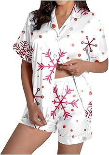 2025 - Conjunto de pijama casual de satén de seda para mujer con estampado de reno, copo de nieve, árbol de Navidad y muñeco de nieve, manga corta, disfraz de Navidad sexy
