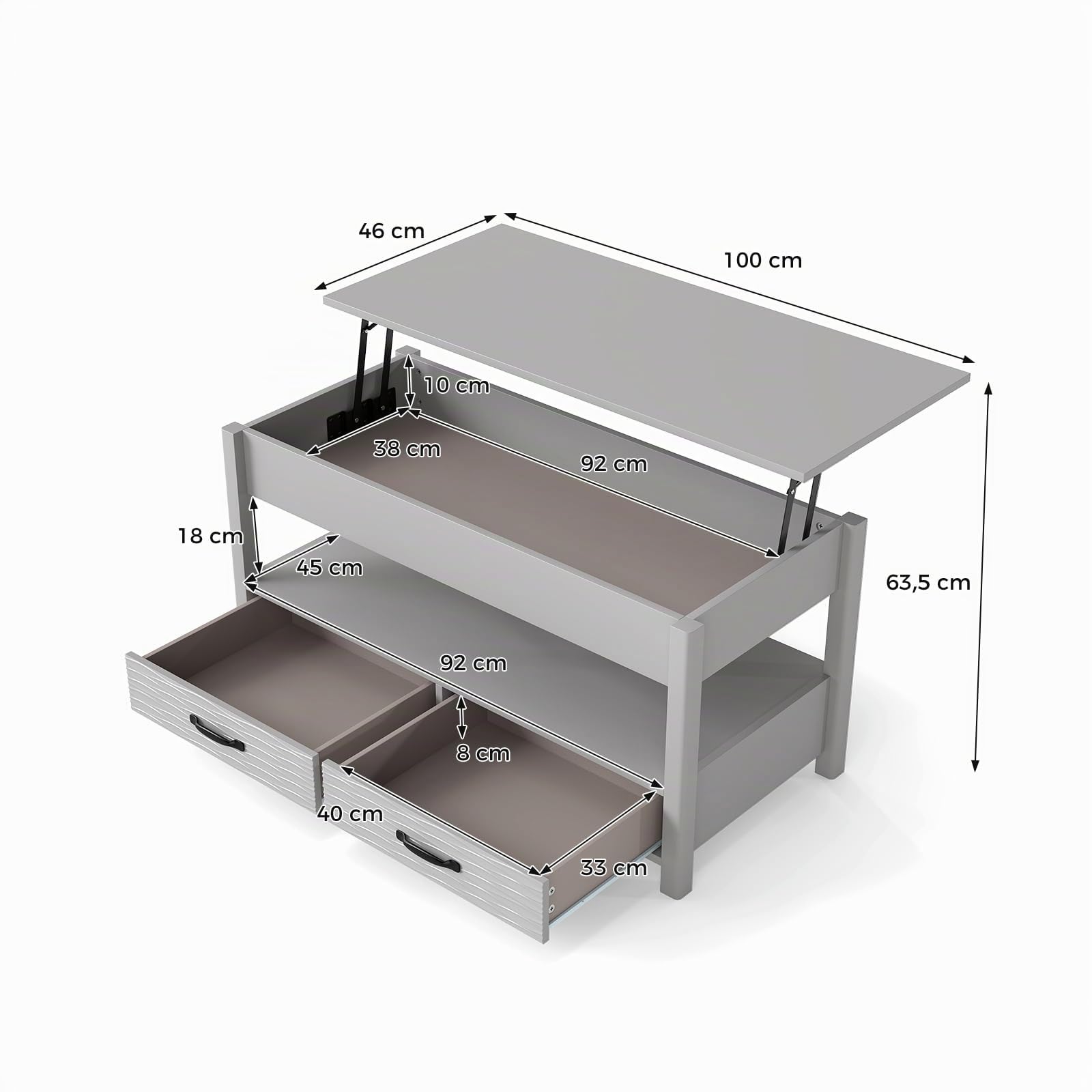 GOPLUS Table Basse Relevable avec Rangement, Table Basse avec Plateau Relevable, Compartiment Caché, Étagère Ouverte et 2 Tiroirs,Rectangulaire pour Salon
