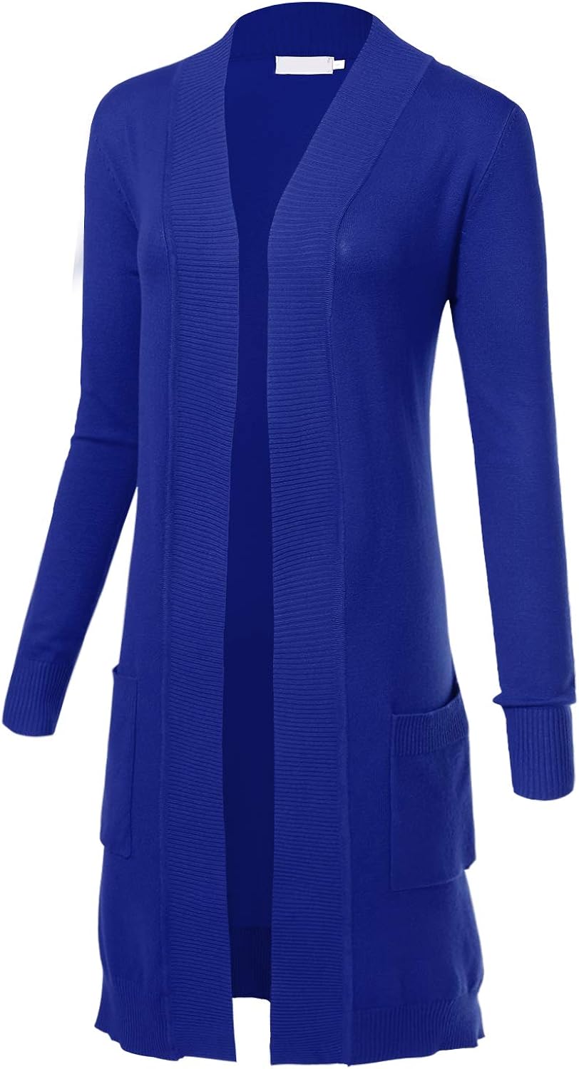 Women's Long Sleeve Open Front Loose Maxi Knitted Long Cardigan Sweater with Pockets Small Royalblue