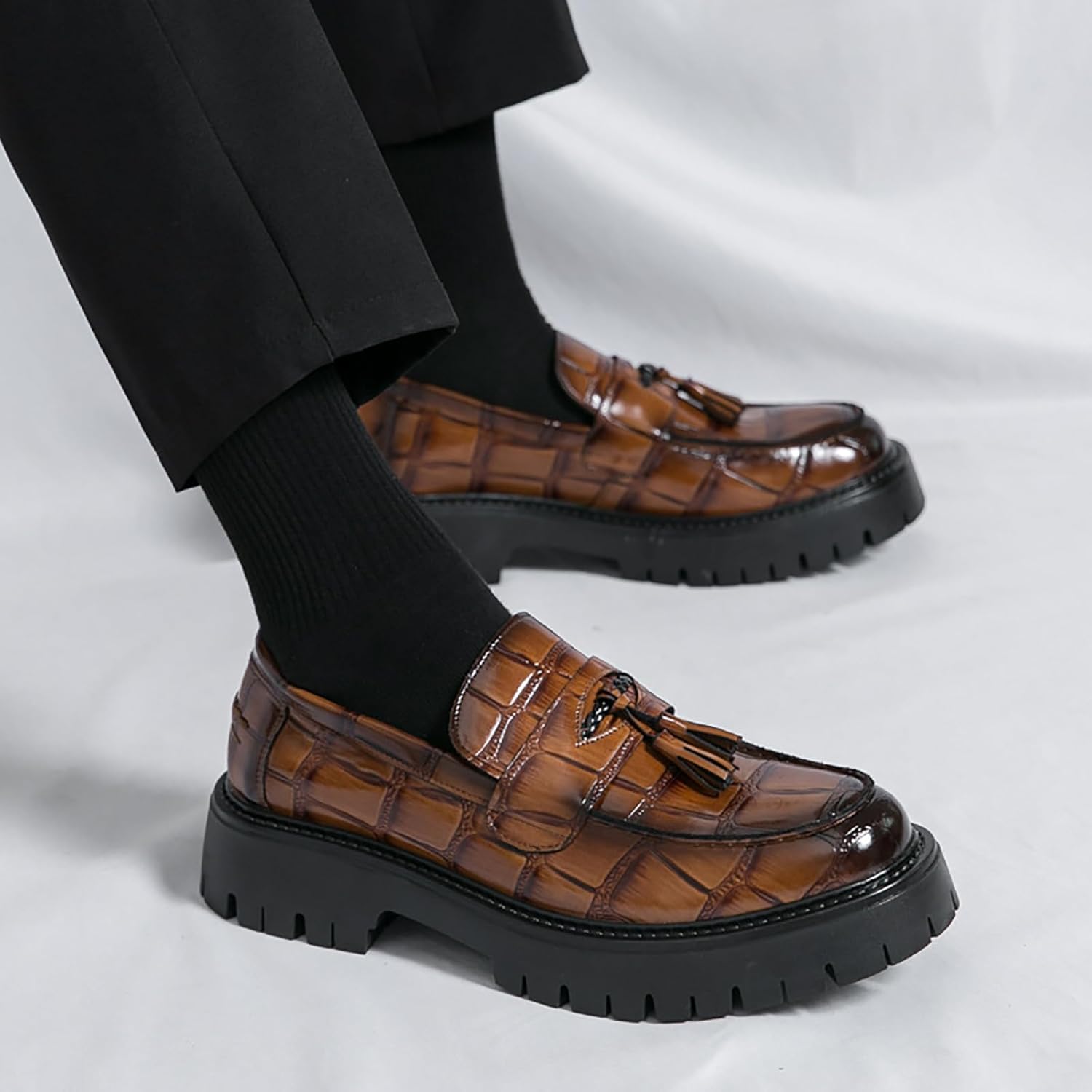 Men's Leather Printed Platform Slip-On Penny Loafers Fashion Round Toe Metal Decoration Non-Slip Lug Sole Business Dress Shoes for Driving Office Party - Image 6