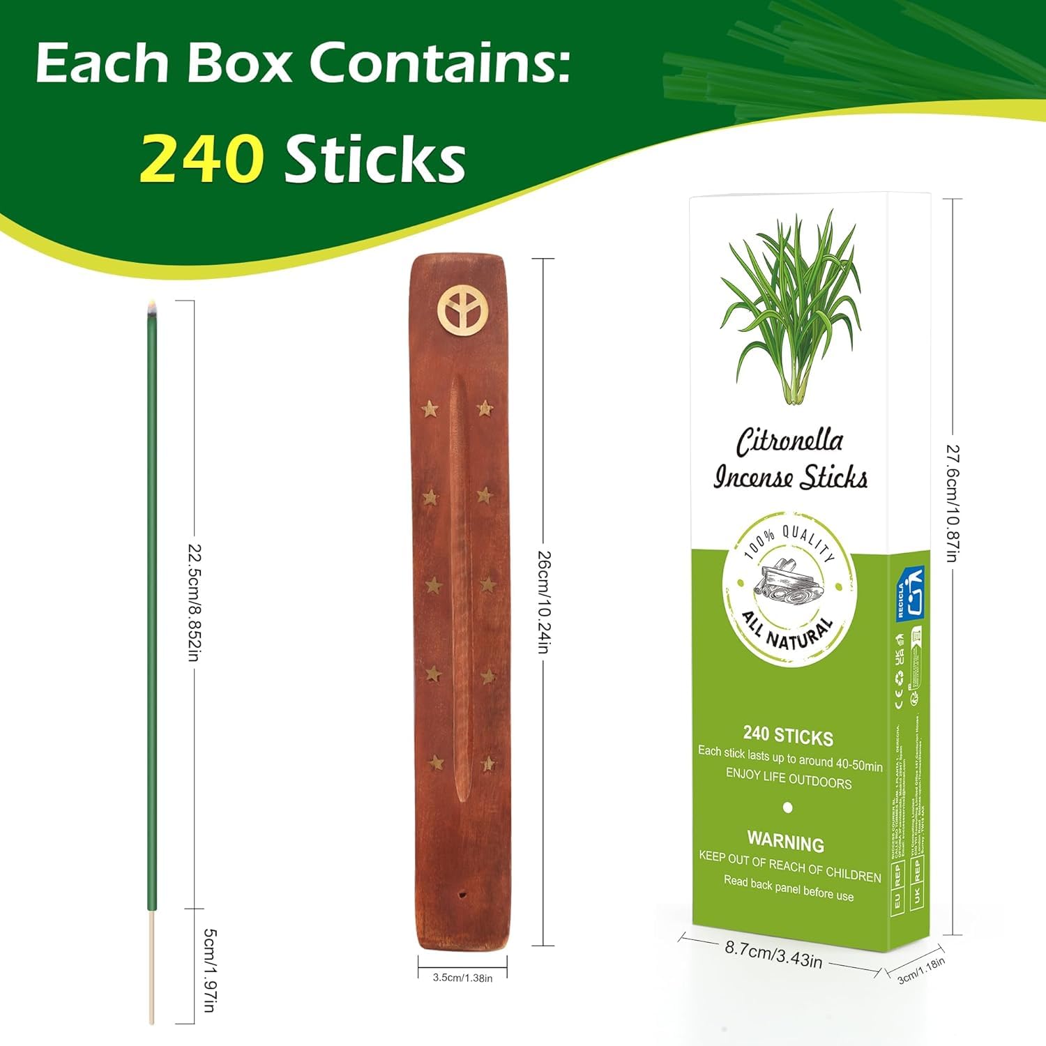Citronella kadzidełka, 240 sztuk, 200 godzin, naturalny olejek eteryczny Citronella, kadzidełka do użytku na zewnątrz, do ogrodu, na taras, balkon, piknik, kemping, dekoracja stołu, 50 min na sztukę