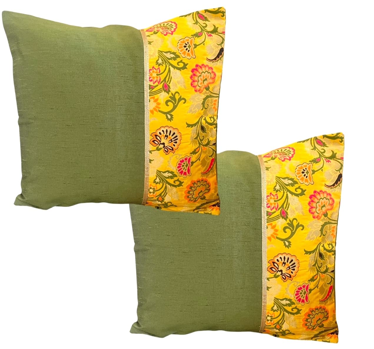 Pilovilo Silk Green Yellow Cushion Covers Set of 2 in Half Yellow Brocade Floral Design Trim Size 16"x16" (Green Yellow Oriental Half, Pack of 2, Regular Size) (B0BVVMZR3M) Amazon Price History, Amazon Price Tracker