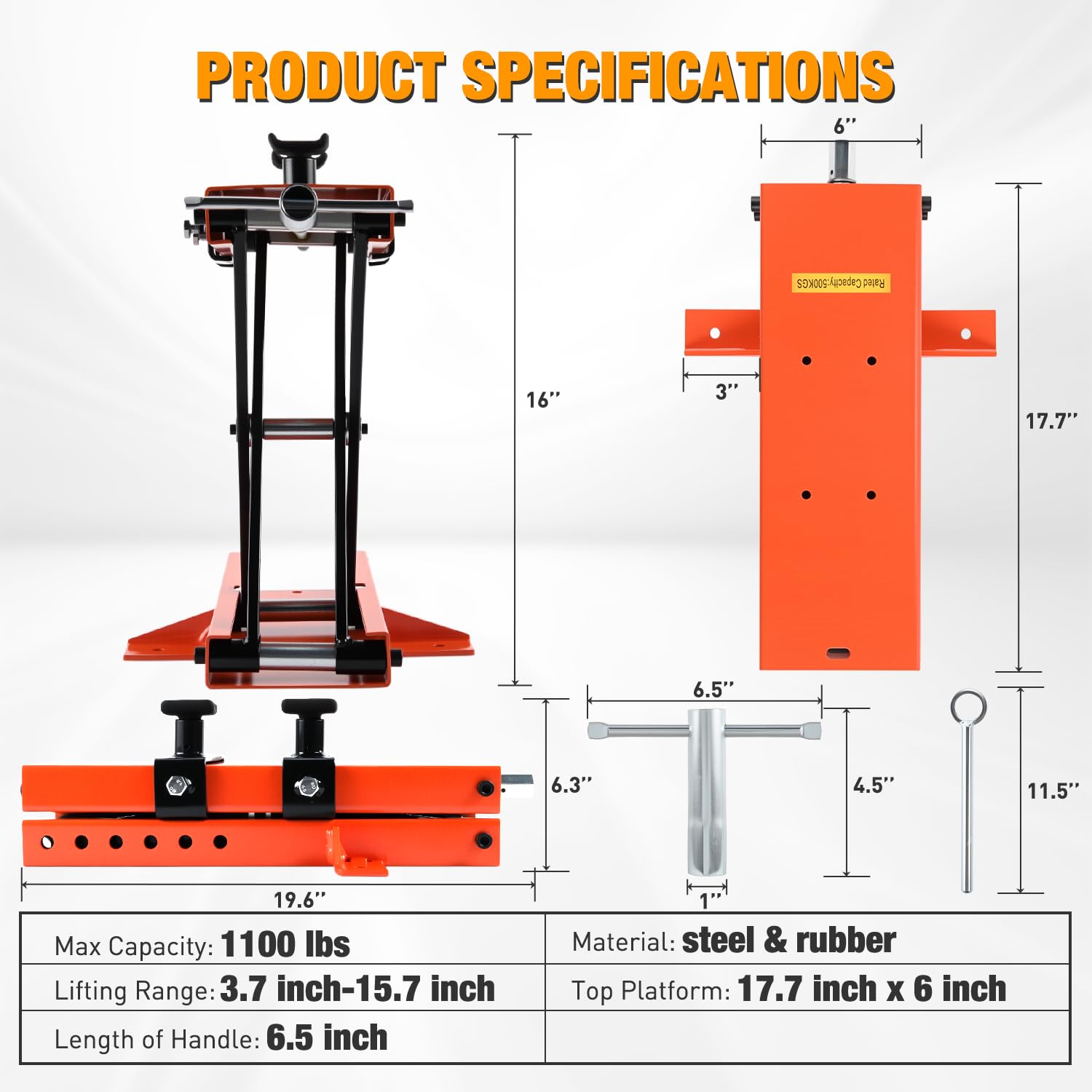 Nilight Sollevatore per Moto 1100 LBS Martinetto a Forbice con Selle Perno di Sicurezza Manovella 3.7"-15.7" in Acciaio per Moto ATV Cross, Arancione