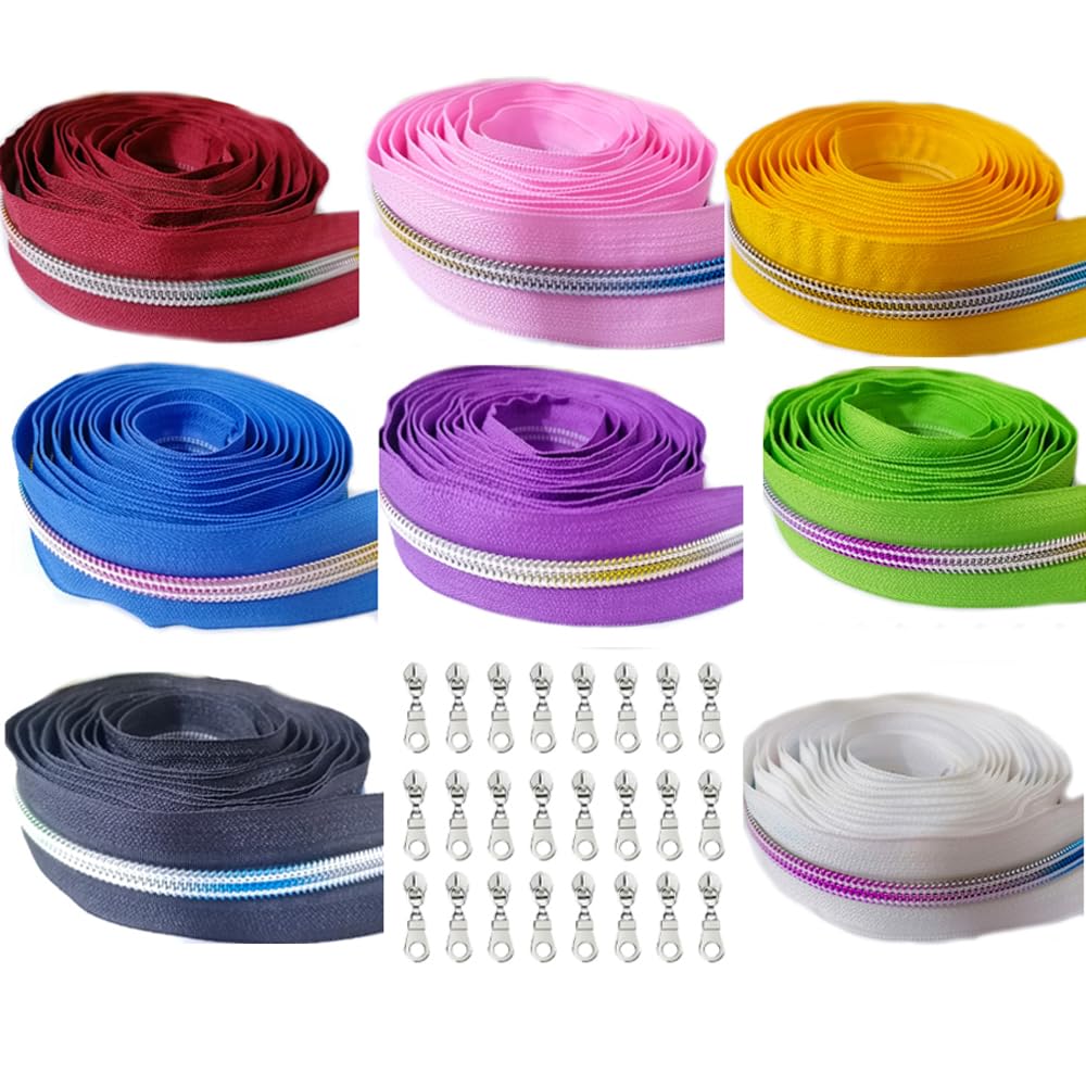 CYS #5 Zippers Tape by The Yard,Metallic Nylon Coil Black Zippers-5 Yards with 10pcs Silver Sliders for DIY Sewing Tailor Craft Bags Purse(Rainbow Teeth)