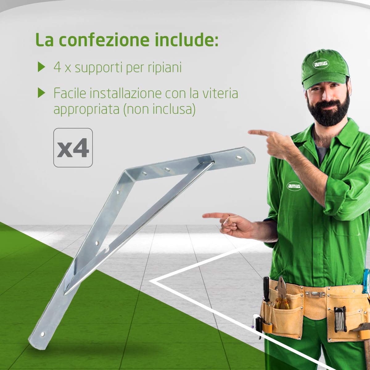 Amig - Staffa mensola - Set 4 staffe per mensole - Alta resistenza fino a 225 kg - 400 x 275 mm - Acciaio - Argento