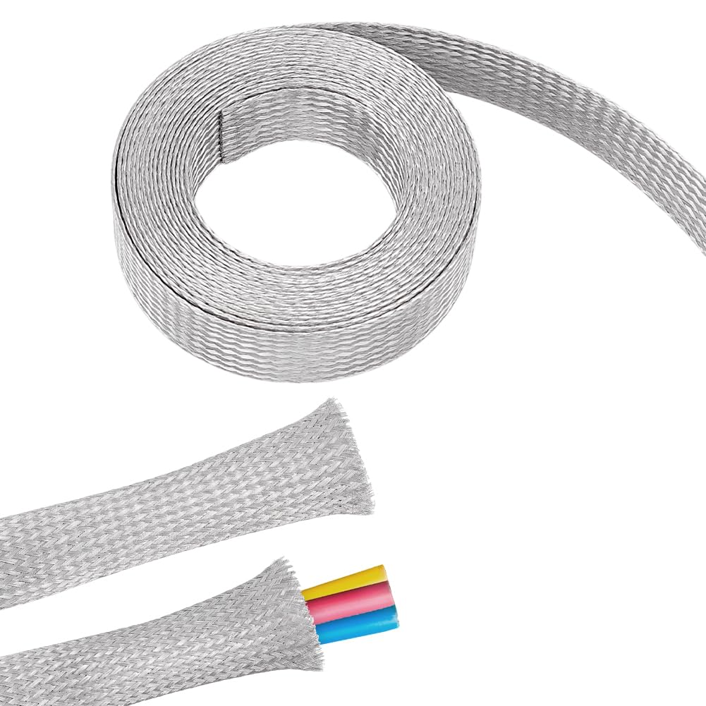 UNICRAFTALE 4m/13.12Feet Stainless Steel Braided Sleeving Braid Cable Wire Shielding Sleeve Ground Straps Protection Flat Metal Mesh Flexible Expandable Scalable Ribbon Flat Wire for Protect Cable