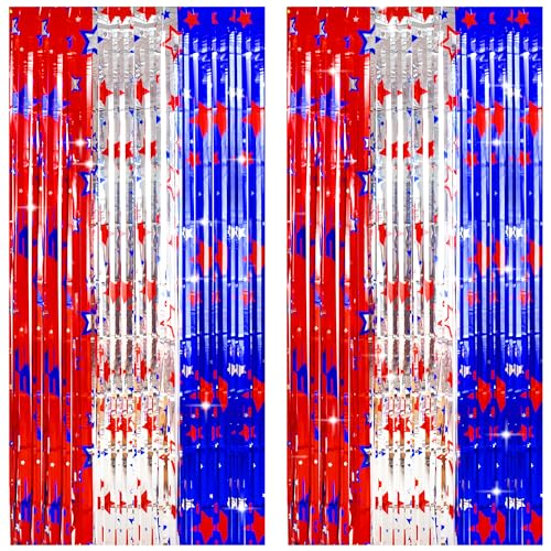Image of TONIFUL 4th of July Decorations,Red White and Blue Tinsel Foil Fringe Curtains,Independence Day Photo Booth Backdrop,America Star Metallic Door Streamers for Patriotic Party Memorial Day Labor Day