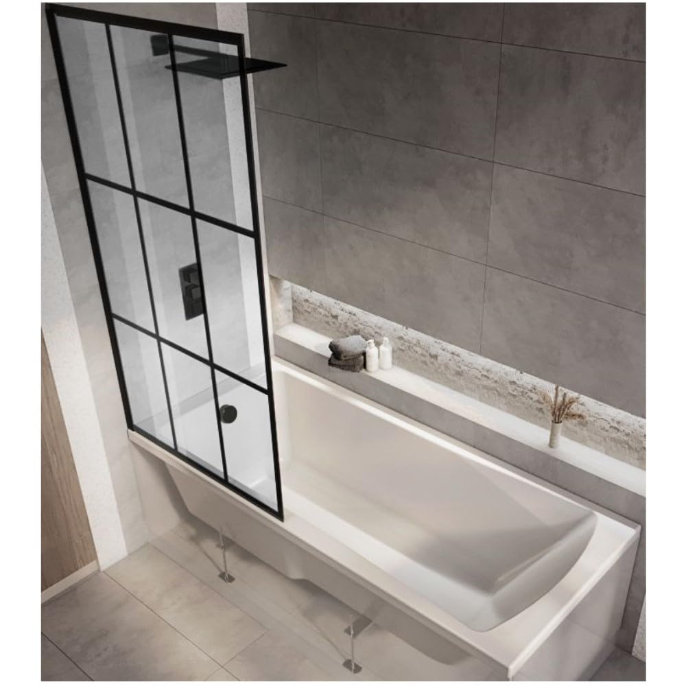 Milano Elswick White 1700mm x 700mm Single Ended Square Shower Bath Black Grid Screen