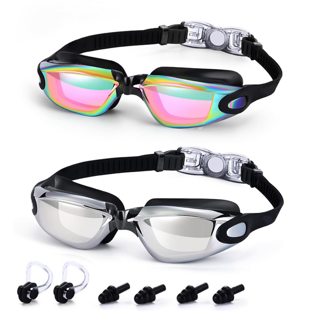 OhMill 2pcs Unisex Plated Swim Goggles Clear Vision Anti-fog Anti-uv Silicone Swimming Goggles for Women Men (Silver Pink)