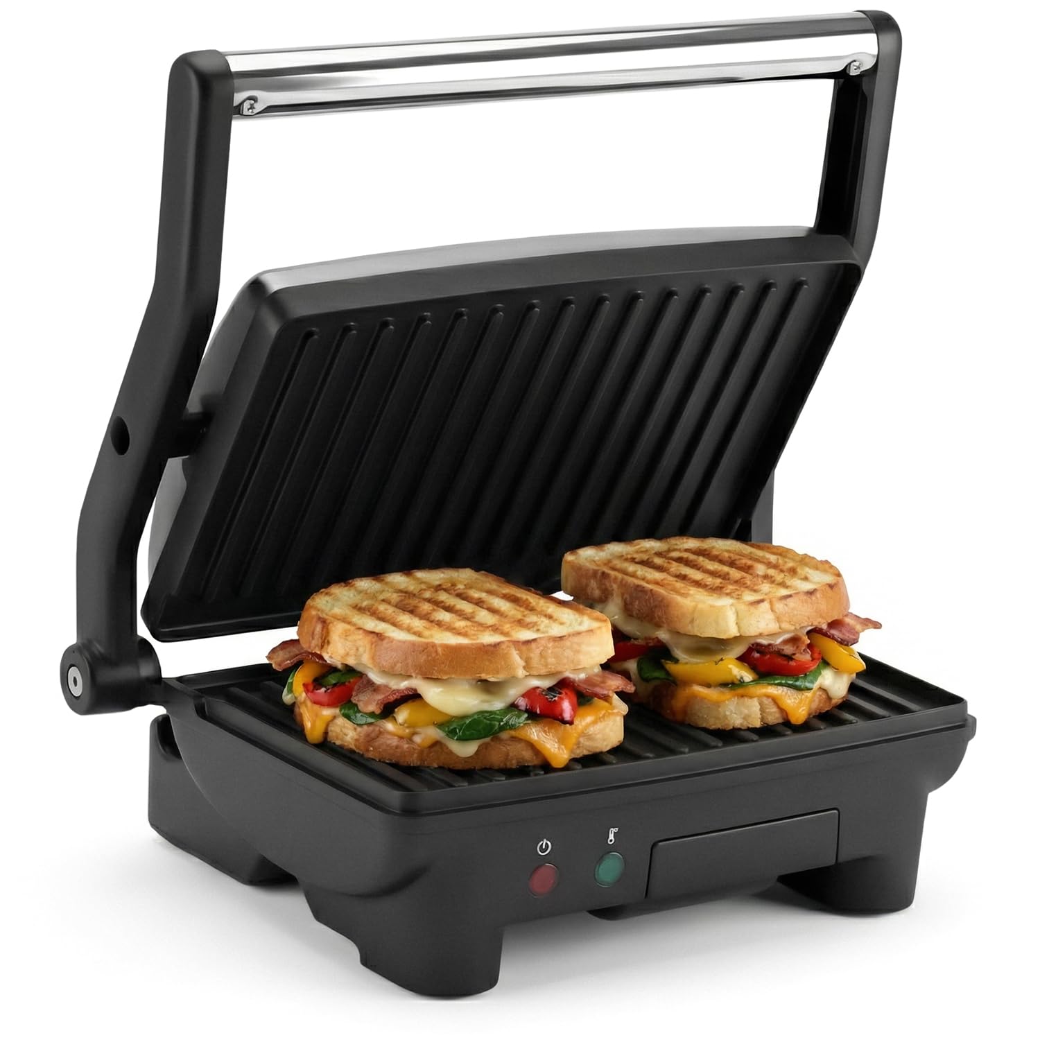 EPN-2976 2-in-1 Nonstick Panini Press & Indoor Grill, Opens 180-Degree Gourmet Sandwich Maker, Floating Hinge Fits All Foods, Contact Grill with Removable Grease Tray, Stainless Steel
