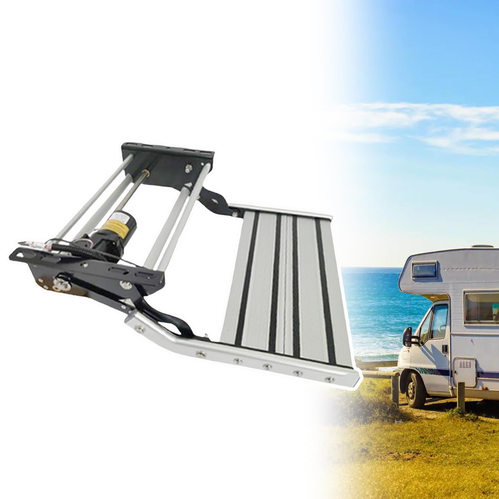 WIANQIAN RV Step Stool, Camper Entry Steps, Foldable Drop Down Manual Electric Steps, 440lbs 200kg Load Capacity, Anodized, With LED Light, For Motorhome Rv Campervan Caravan Single-layerelectric