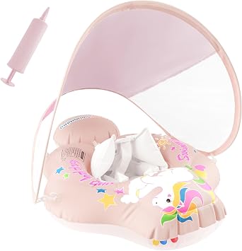 Baby Swimming Float, Baby Pool Float with UPF50+ Sun Canopy, Inflatable Baby Swim Float with Adjustable Safety Seat, Swimming Float for 3-36 Months