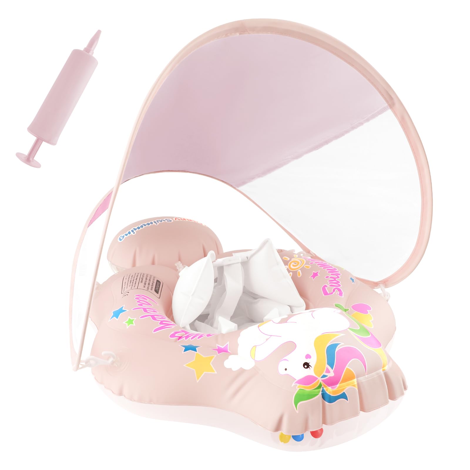 DOUUCO Baby Swimming Float with UPF50+ Sun Canopy, Inflatable Baby Swim Float with Adjustable Safety Seat, for 3-36 Months
