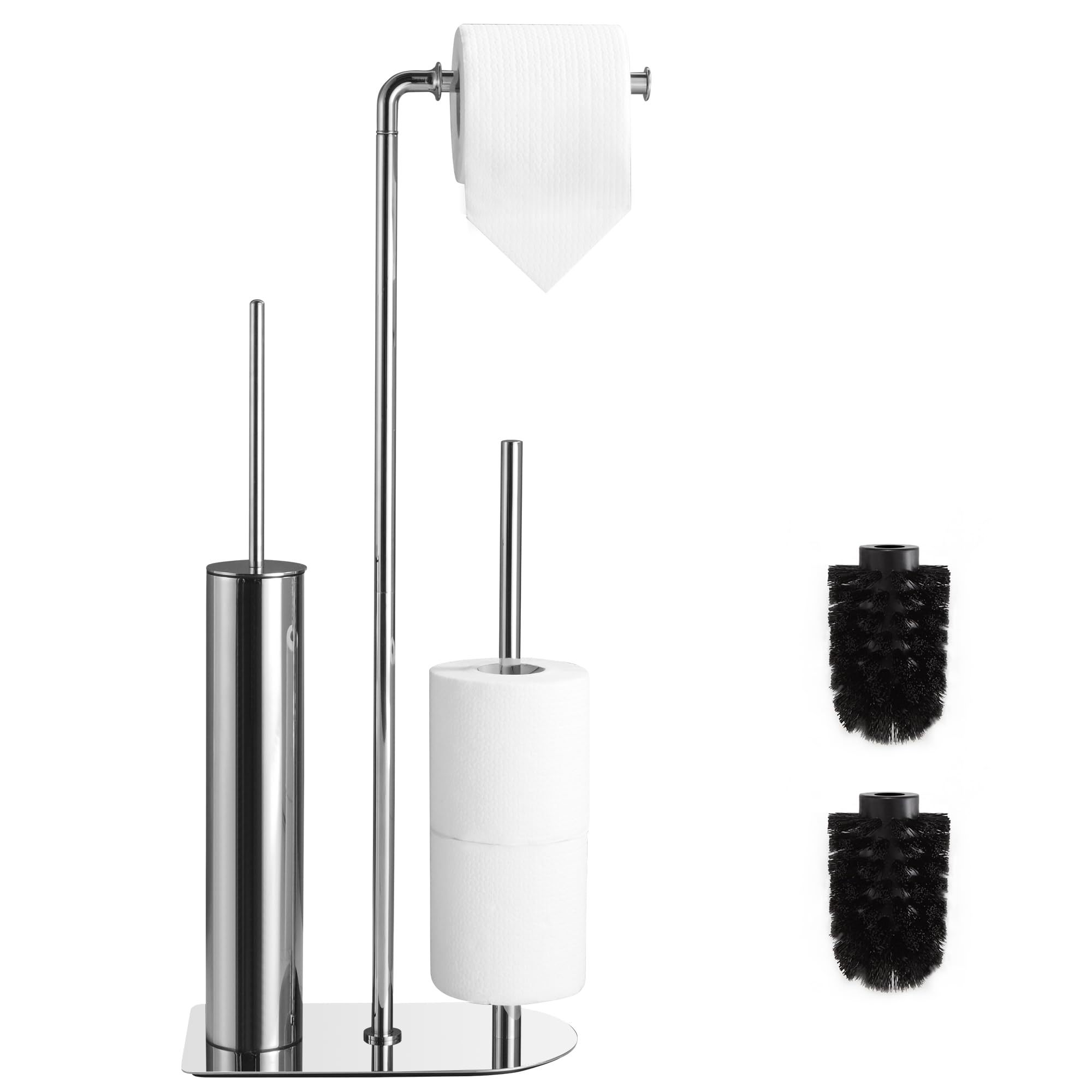 Toilettenpapierhalter mit WC Bürste und Aufbewahrung, freistehender klopapierhalter für Badezimmer und Gästetoiletten, schwarzer Wc garnitur aus Edelstahl rostfrei und ohne Bohren (Chrom)