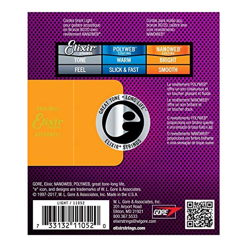 Elixir 80/20 Bronze Nanoweb Light 11052 12-53 Acoustic Guitar Strings 6-Pack W/Bonus Elixir Polishing Cloth #TOP2