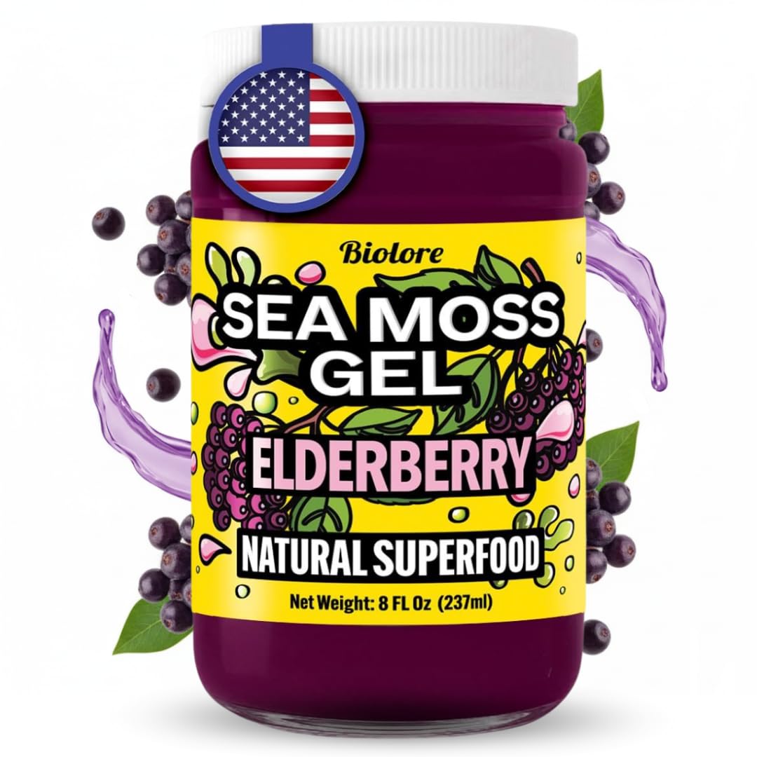Biolore Sea Moss Gel Elderberry Made in USA Raw Wildcrafted Irish Seamoss Essential Vitamins Trace Minerals Vegan Superfood, Jam, Jelly & Sweet Spread Gifts (Elderberry 8OZ)