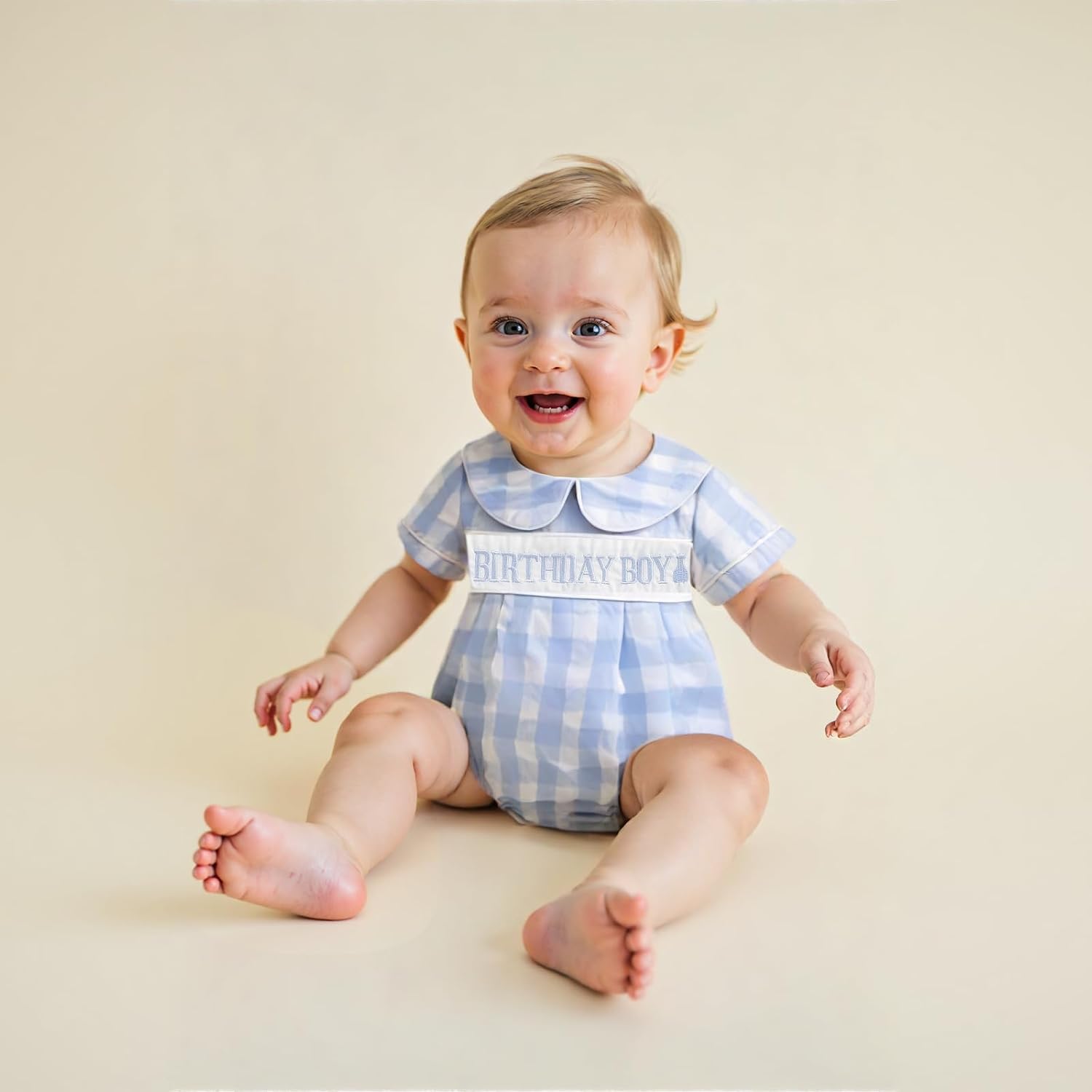 Baby Boy First Birthday Outfit Short Sleeve Peter Pan Collar Smocked Gingham Bubble Romper Newborn Summer Clothes