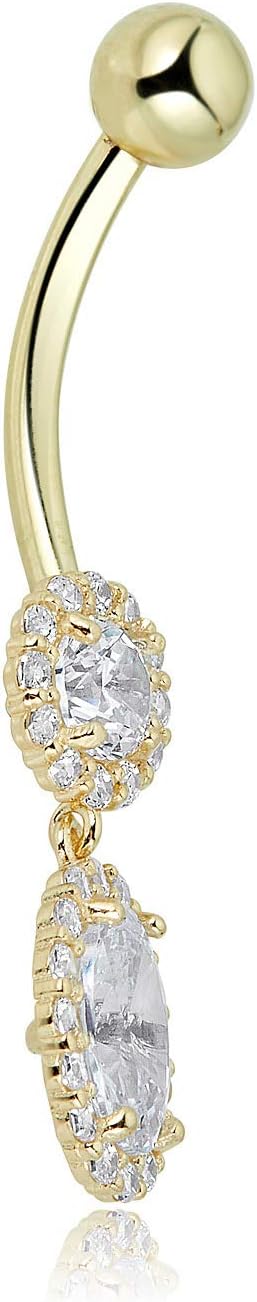 AVORA 10K Gold Simulated Diamond CZ Oval and Round Dangling Belly Button Ring Body Jewelry (14 Gauge)