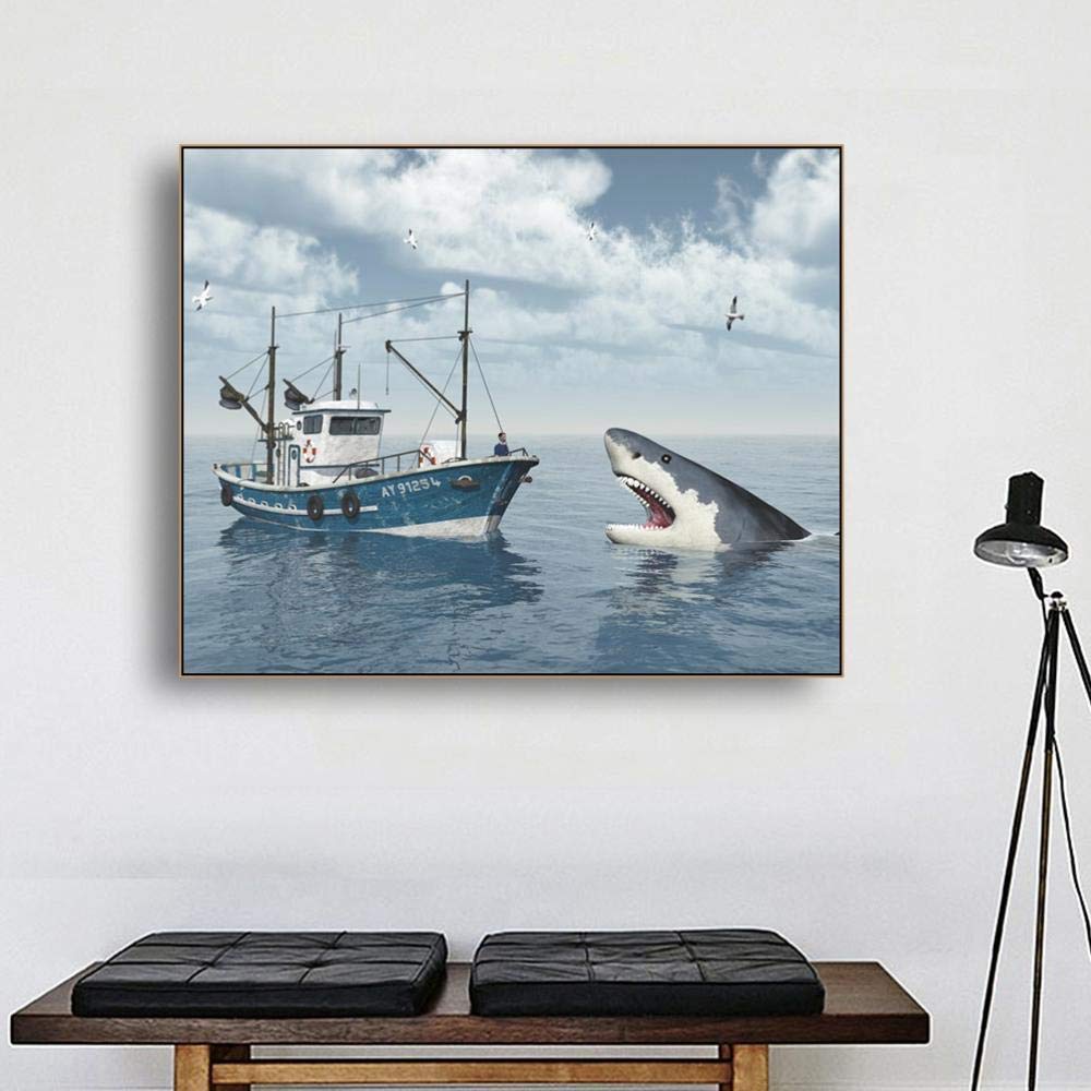 Amazon｜北欧の青空船のサメのポスターとプリントキャンバス絵画壁