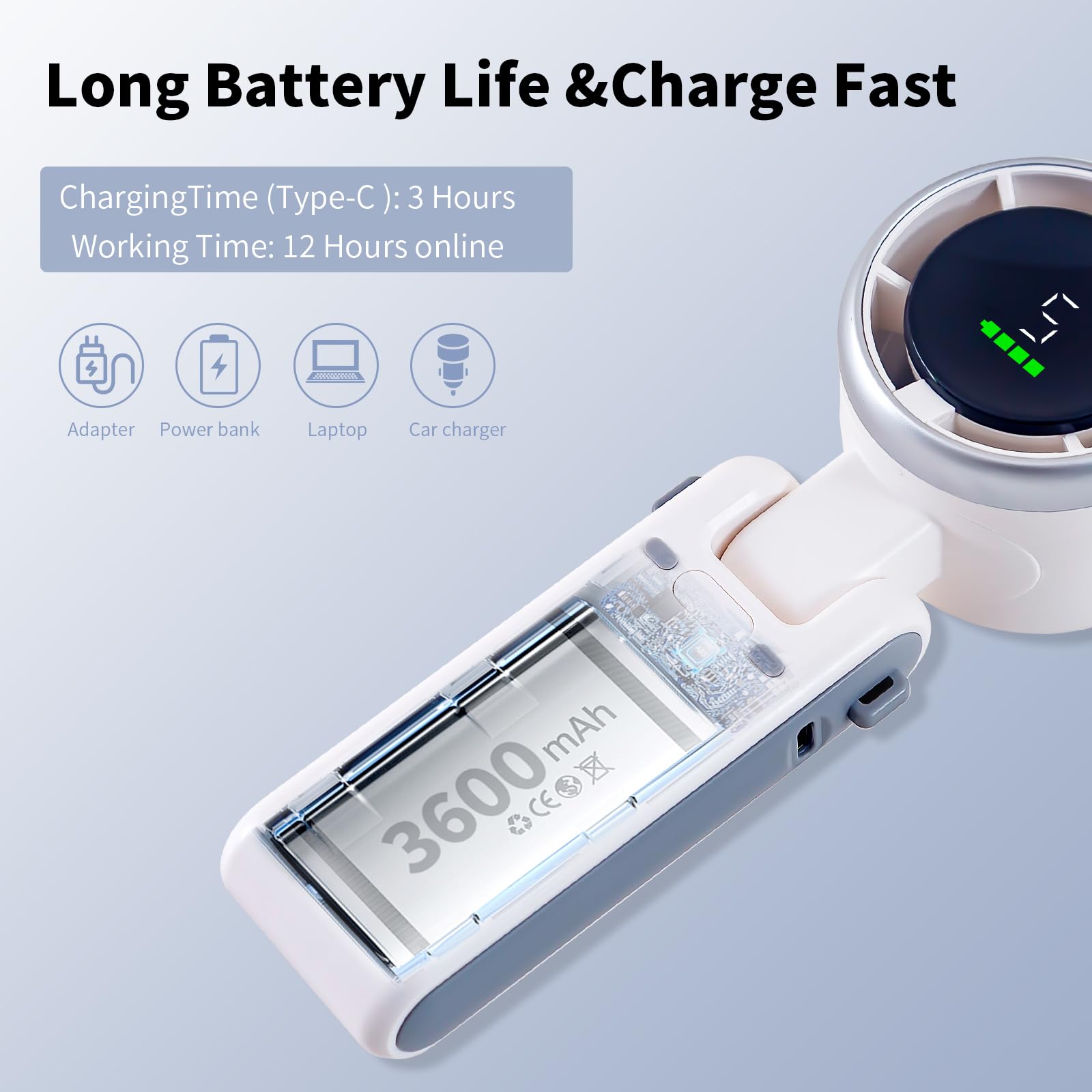 Turbo Fan portatile, batteria da 3600 mAh, con display LED, mini portatile, regolabile a 180°, 5 velocità, palmare/collo/desk 3 in 1 per interni ed esterni.