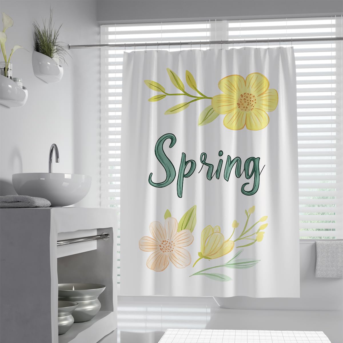 UERWOWELL Minimalist Blossom Shower Curtain Fresh Spring Nature Scene Bath Curtain Boho Watercolor Fabric Bathroom Decor with Hooks Waterproof Yellow W180xL180 cm