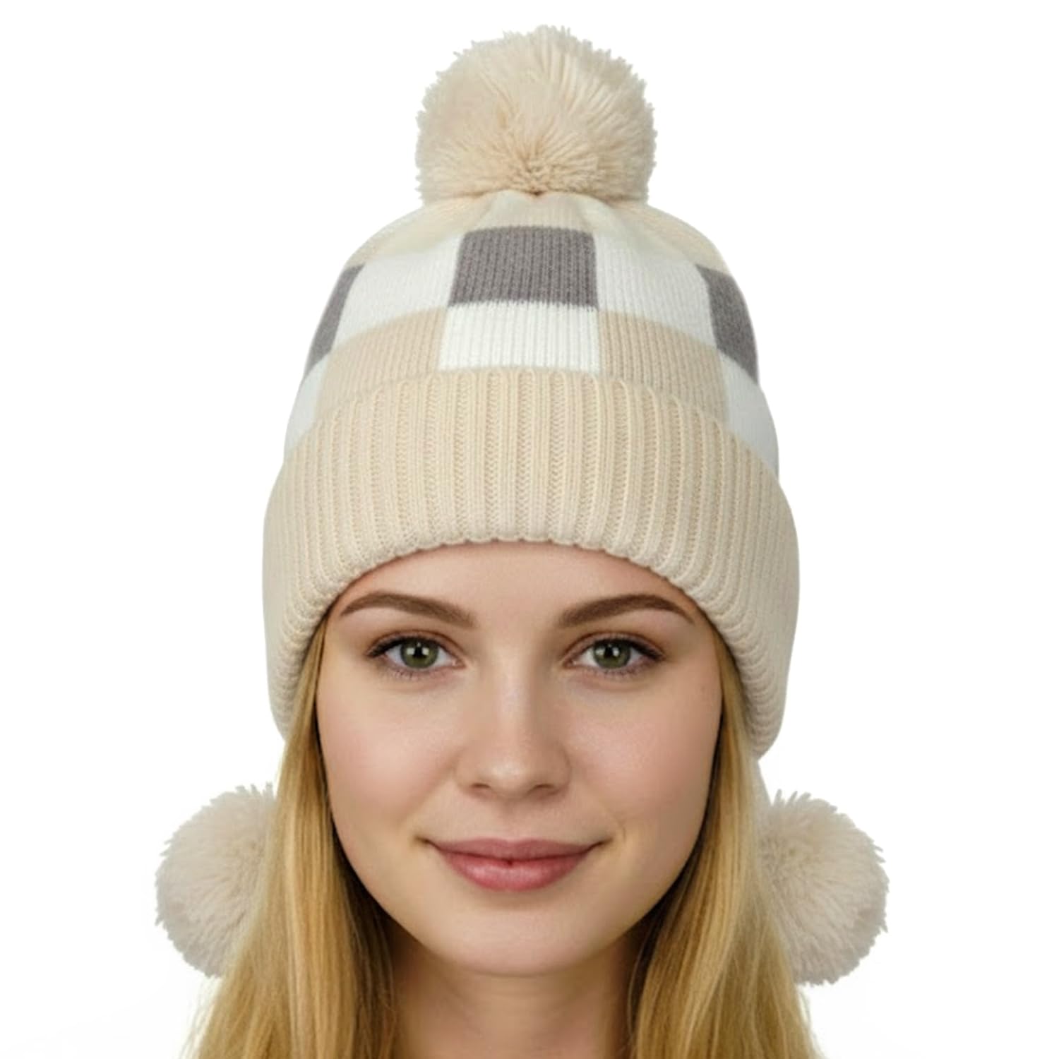 FF Premium Thermal Winter Earflap Pom Pom Beanie Cap for Women Warm Woollen Knitted Winter Cap Soft Fleece Lined Stylish Cold Weather Hat - Beige
