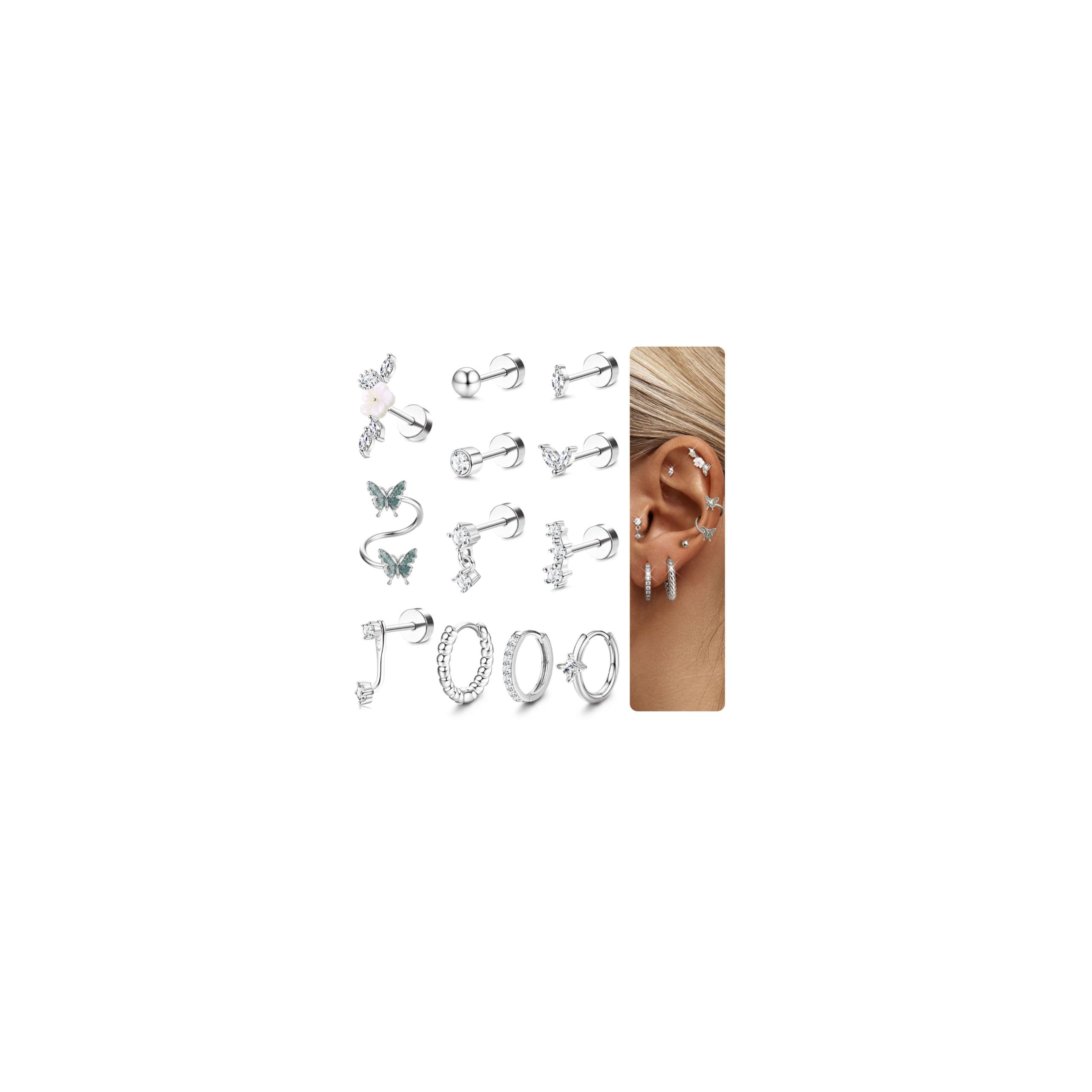 HMJGDHX 12 sztuk Helix Piercing biżuteria srebrne złote kolczyki dla kobiet chirurgiczne stalowe kolczyki z płaskim tyłem Rook Daith Conch Tragus Piercing biżuteria małe Helix Hoop kolczyki na