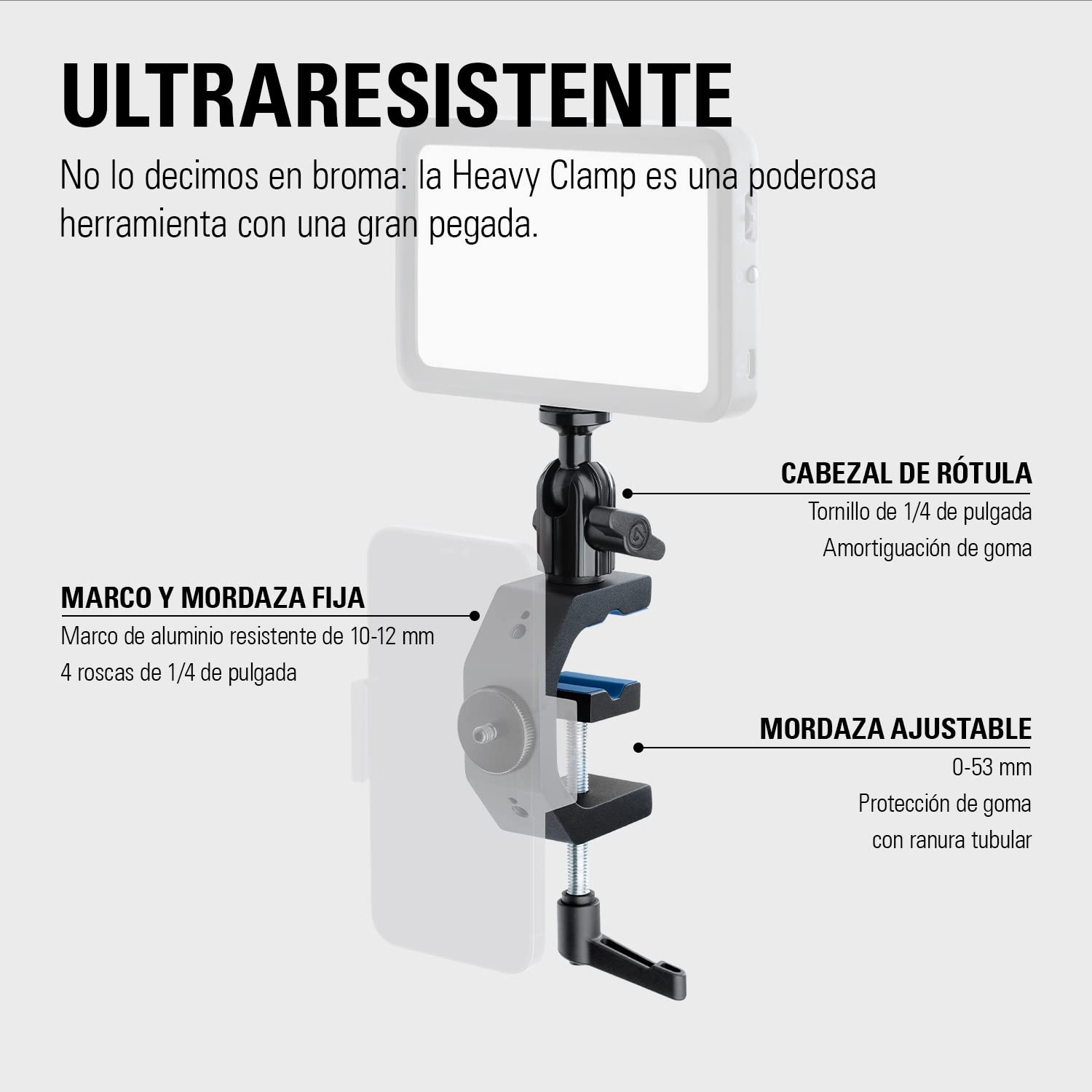 Elgato Heavy Clamp – Montura Profesional con Cabezal de rótula y 4 Orificios roscados de 1/4 Pulgadas, Segura y Resistente, para mesas, estantes y Postes, Ideal para cámaras, Luces, Flashes y más