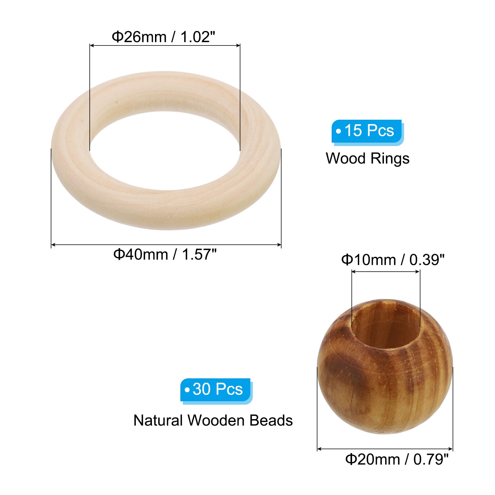 PATIKIL Natural Wood Rings and Unfinished Wooden Beads Set - Image 2