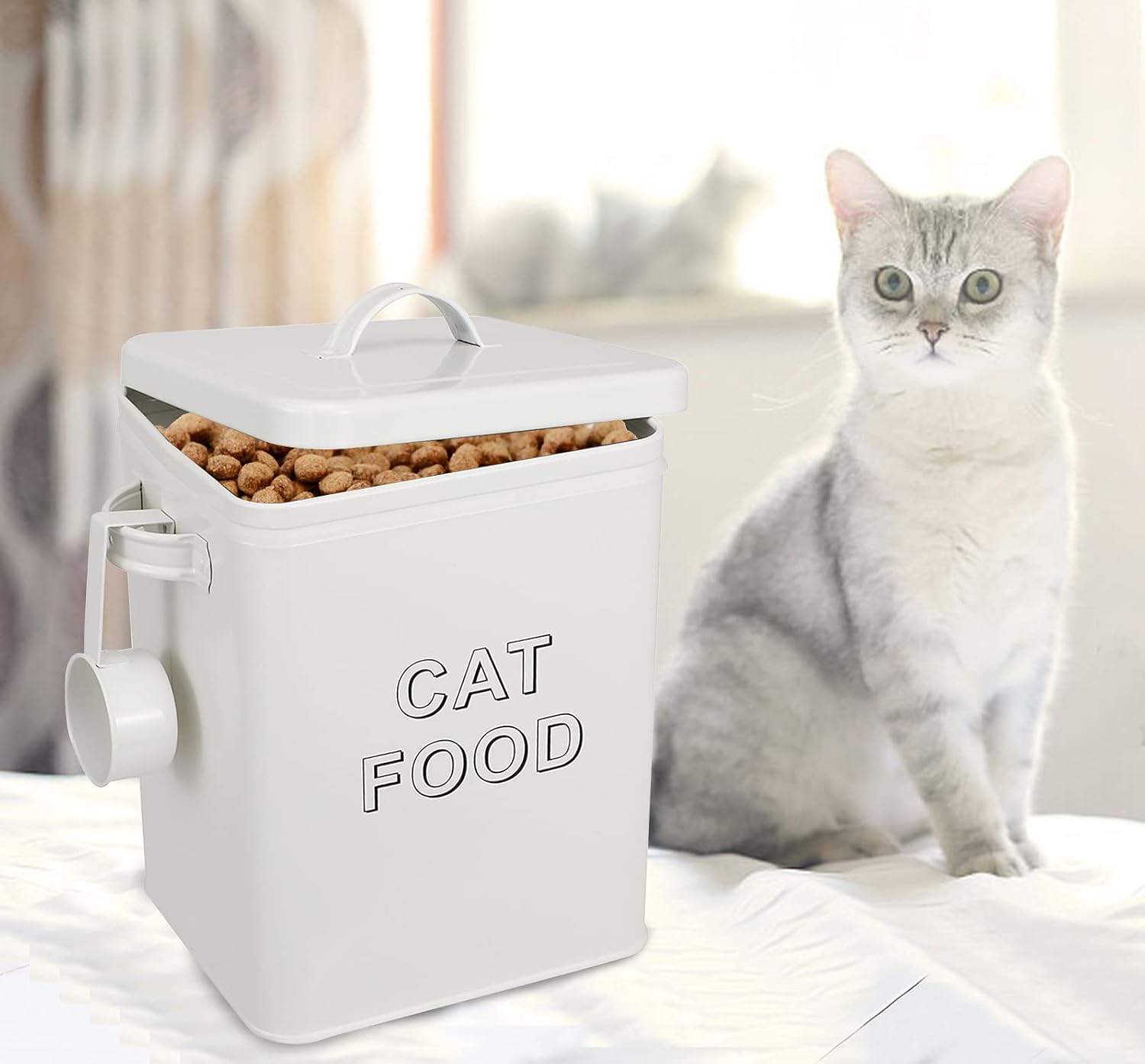 Pethiy Cat Food and Treats Containers Set with Scoop for Cats or Dogs -Tight Fitting Wood Lids - Coated Carbon Steel - Storage Canister Tins-Cat-White : Pet Supplies