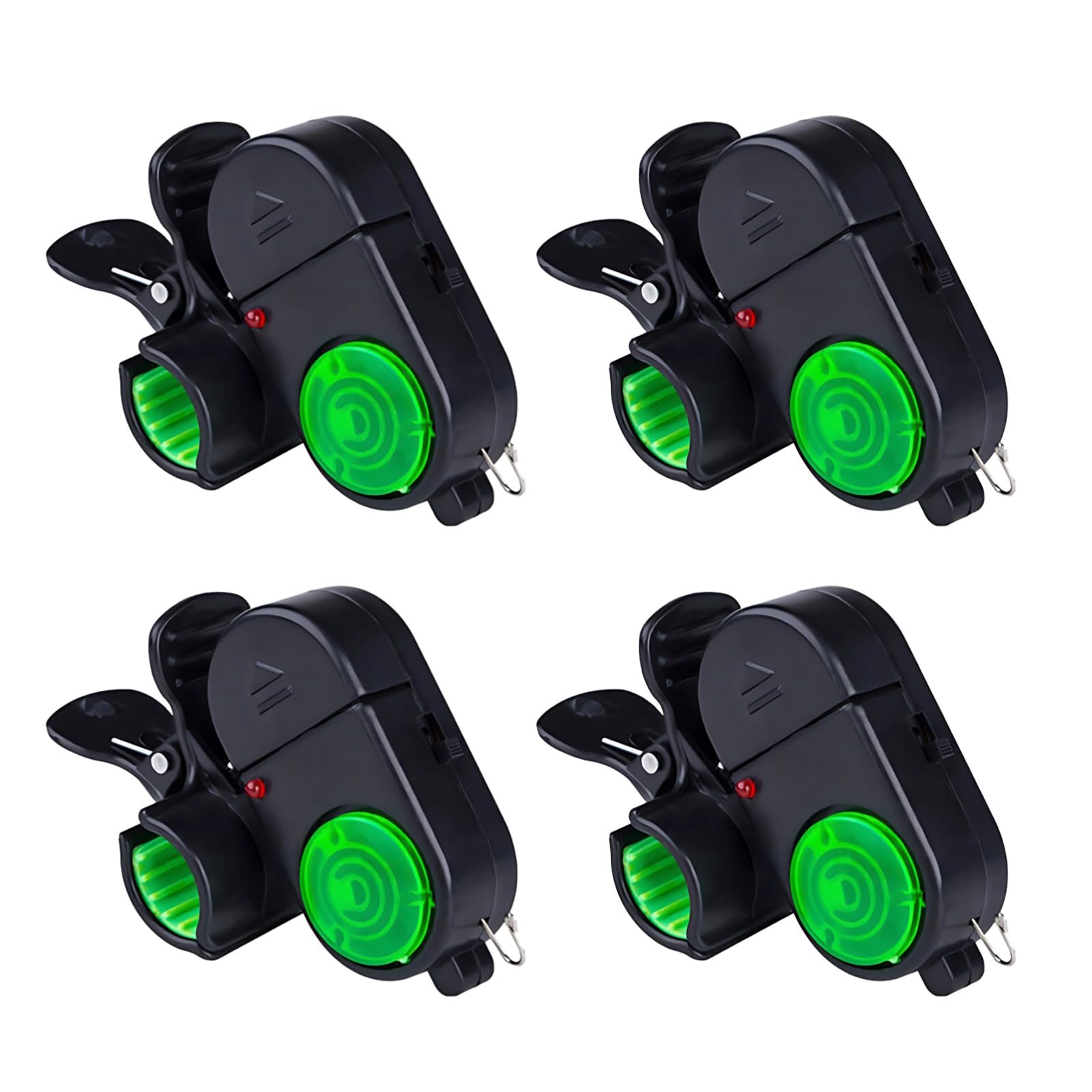 4 szt. alarm o ugryzieniu ryb, bardzo czuły LED Clip-On alarm wędki, elektroniczny alarm 80 dB z obrotową głowicą, antypoślizgowa podkładka silikonowa i bezpieczne trzymanie