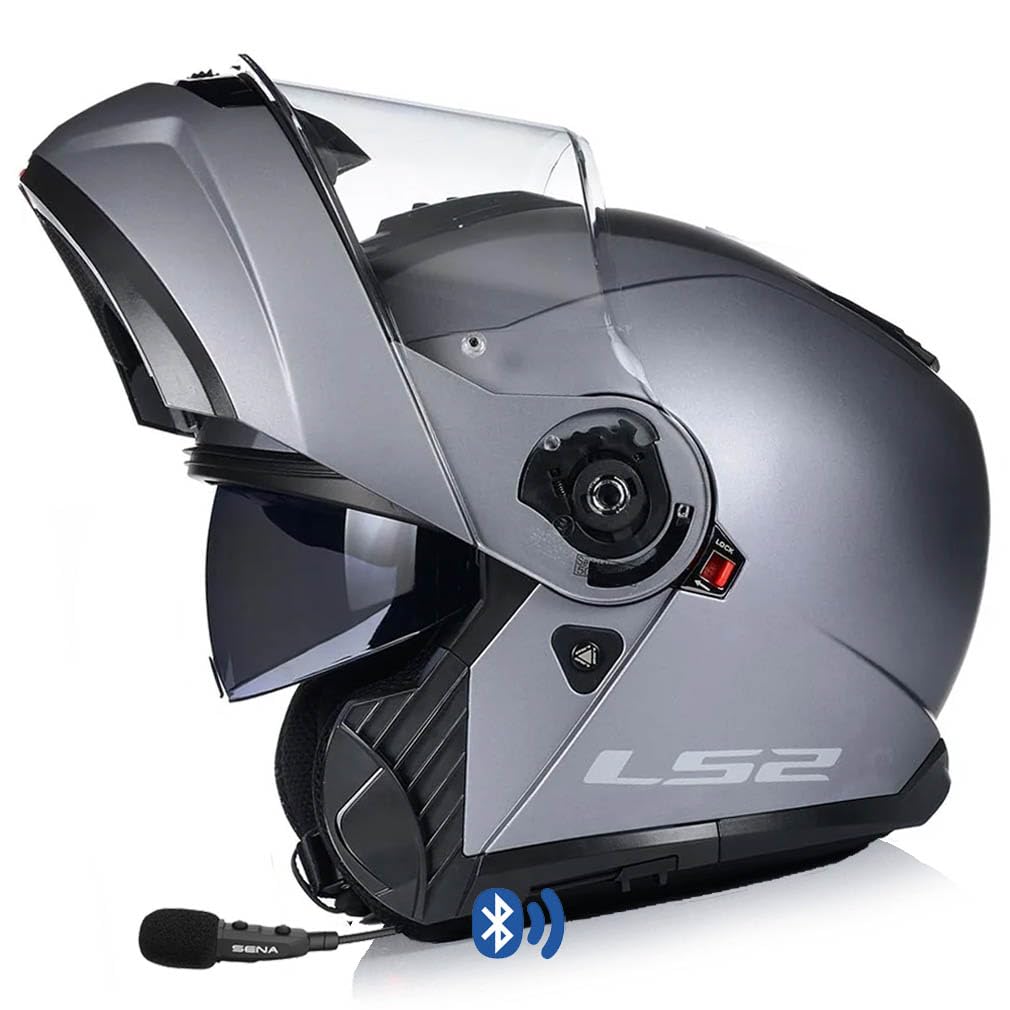 LS2 FF908 Strobe II Designed Titanio Mate - Sena Bluetooth-Intercom Integrado - Casco de Moto Modular con Visor Solar - Homologado ECE 22.06