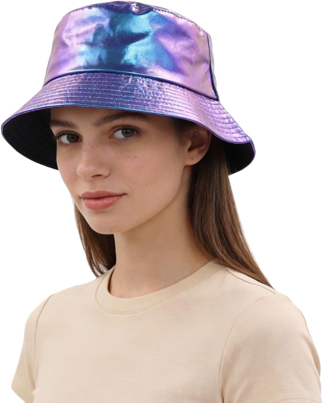 BOLLEY JOSS Unisex Holographic Bucket Hat Reversible Double-Side-Wear Bucket Hat Waterproof Outdoor Travel Sunhat Punk Hats