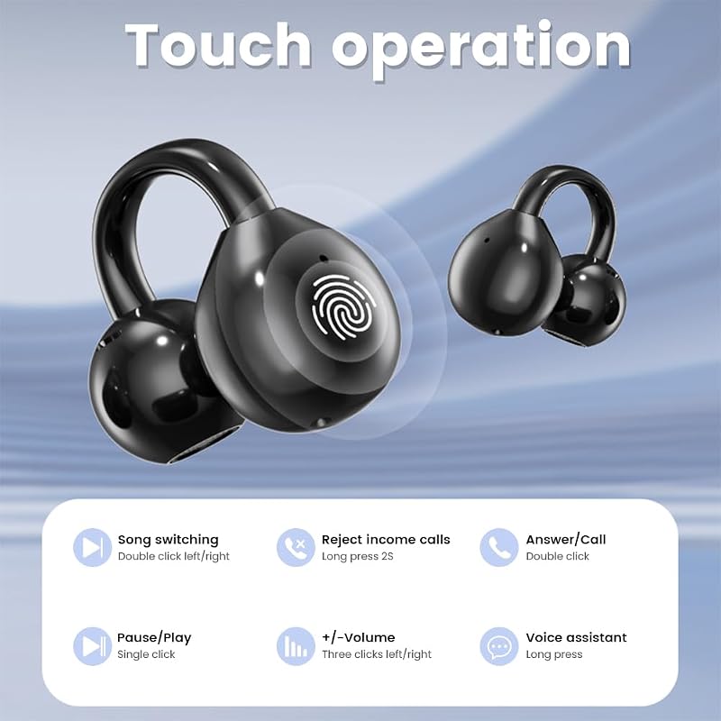 Piluyaa Clip-on Earbuds, Open Ear Earbuds with LCD Touchscreen Wireless Bluetooth 5.4, Lightweight M100 Open Ear Headphones with C-Shaped Bridge, Slim Hook,48H Battery, for Sports, Fitness (Black) image 2