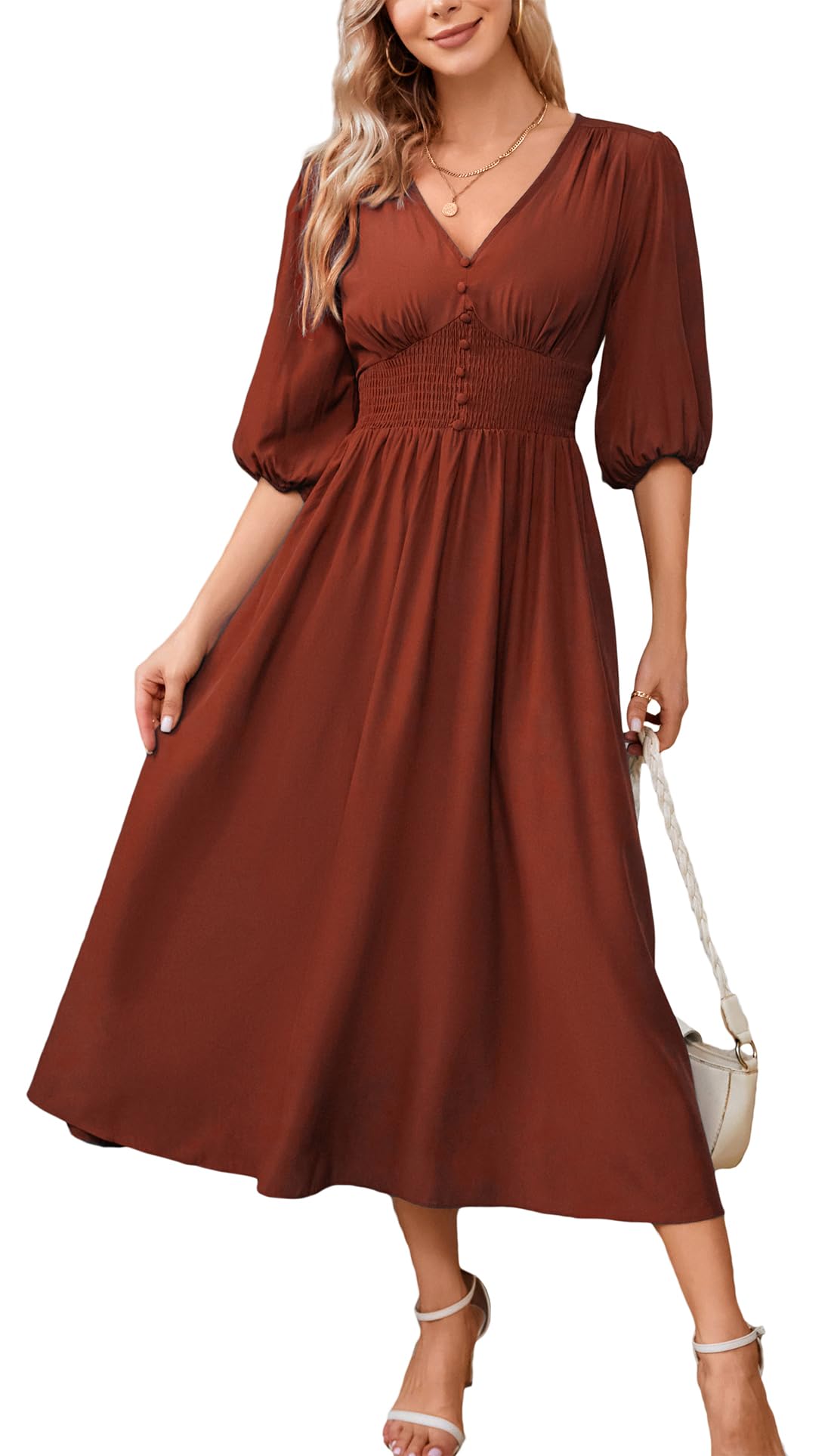 Kormei Women Casual Boho V Neck 3/4 Sleeve Smocked Waist A Line Flowy Swing Midi Dress Smocked Long Dress