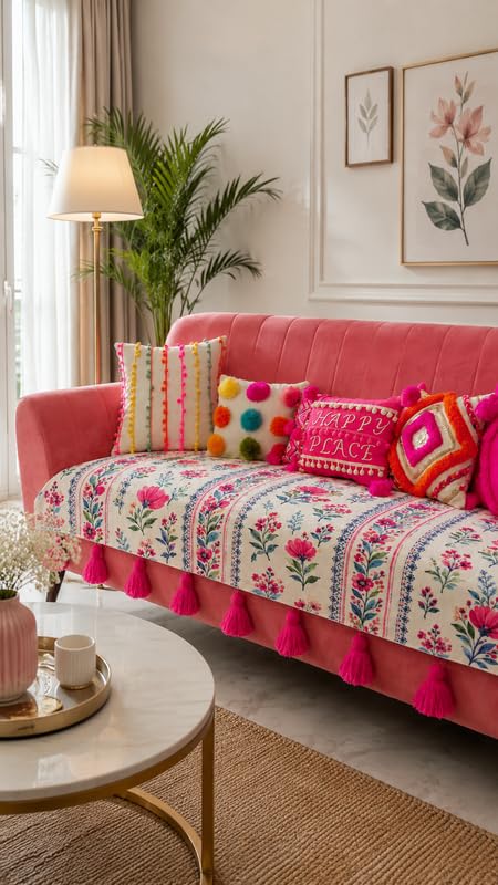 Pink Phoolkari Sofa Cover L-Shaped WaterProof Sofa Cover With Tassel|L Shape Sectional Sofa–4-Pc Set with 2 Seat Covers & 2 Armrest Cover for 5 Seater(3-Seater + 2-Seater Lounger)| Sofa Throw-picture-19