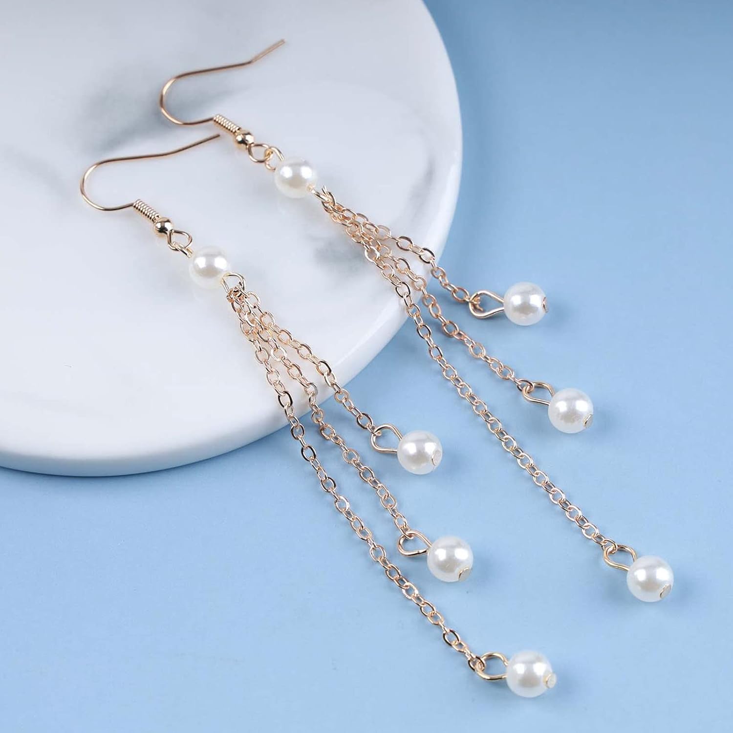 Bohemian Pearl Drop Earrings Gold Pearl Dangle Earrings Long Pearl Tassel Chain Earrings Pearl Fringe Chandelier Earrings Jewelry for Women - Image 6