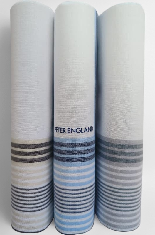 Peter England Men's Cotton Color Border Handkerchief (Pack of 3) White, Blue, Grey & Beige