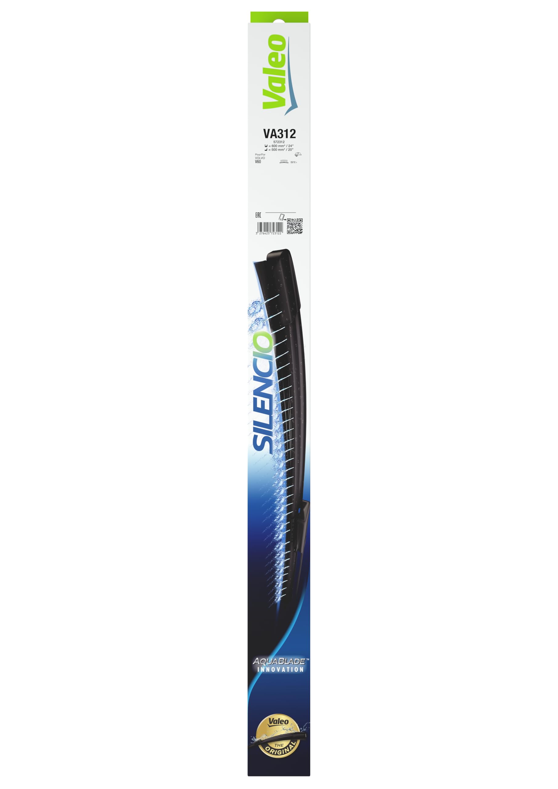 VALEO Silencio Original Aquablade VA312 Kit di Spazzole Tergicristallo Riscaldate con le Migliori Prestazioni di Pulizia e Asciugatura 600mm/500mm Anteriore Confezione da 2 572312