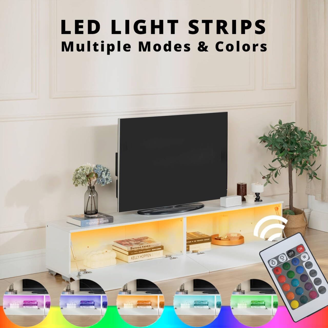 Meuble TV Blanc 180 cm avec éclairage LED, Meuble TV Suspendu ou sur Pied en Bois avec 2 Compartiments de Rangement Support Télévision Mural Moderne pour Salon Chambre