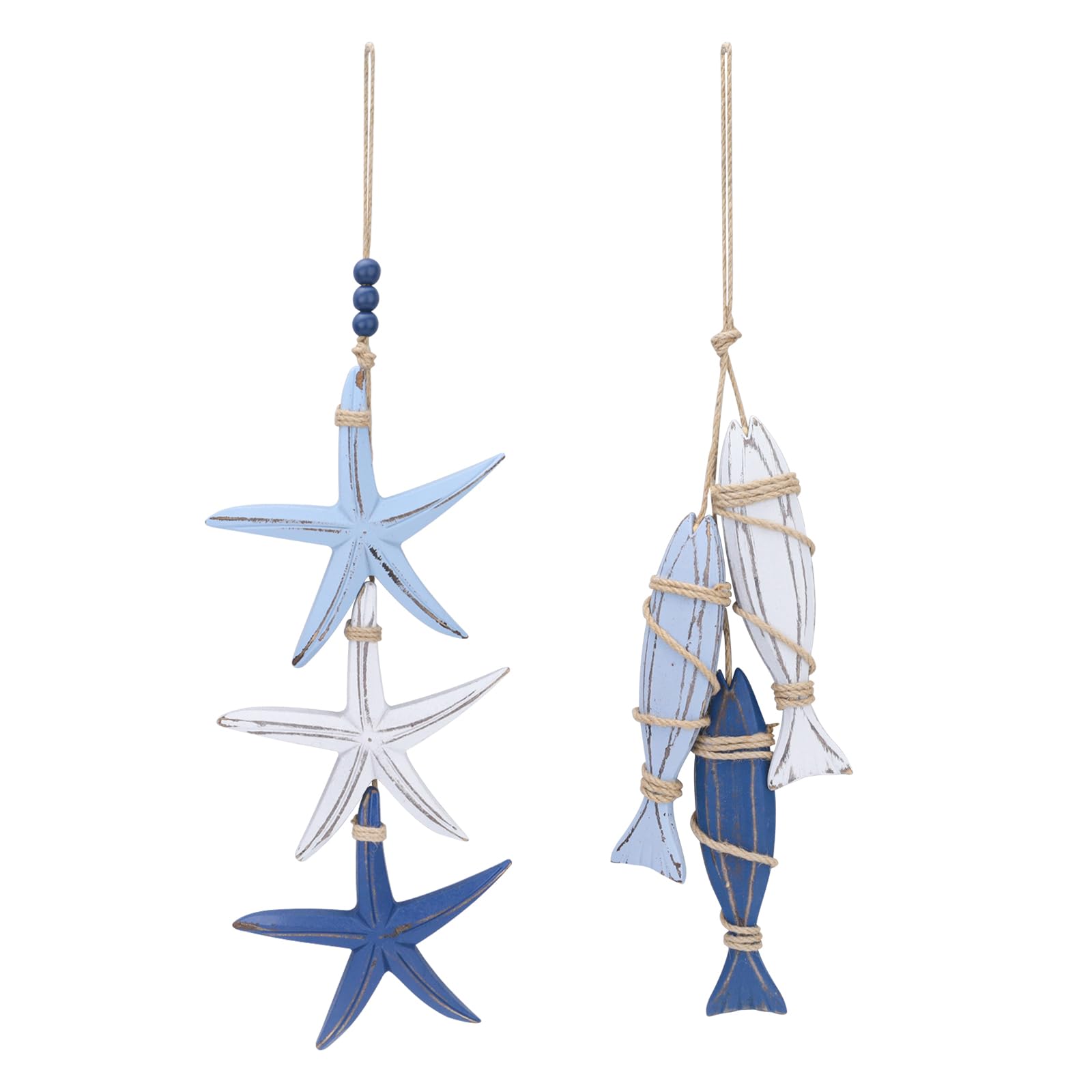 Jinzhenhong Rustic Wood Fish Starfish Decor, Hanging Fish Starfish Nautical Wall Decor, Beach Theme Wall Art Decoration for Home Mediterranean Decor (Blue)