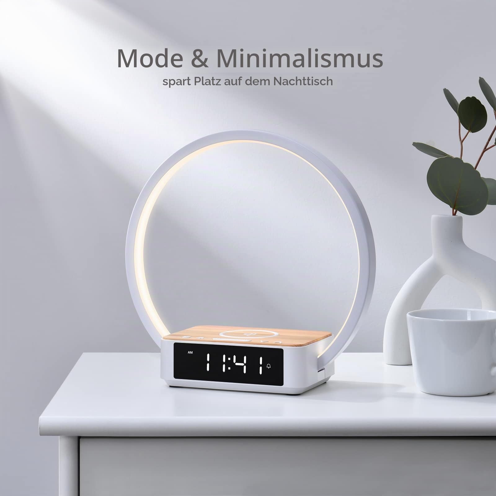 WILIT LED Nachttischlampe mit Kabelloser Ladefunktion, Lichtwecker Tischlampe Touch Dimmbar mit 3 Helligkeitsstufen, Warmes Nachtlicht mit 5W Wireless Charger für Schlafzimmer, Holz&Weiß
